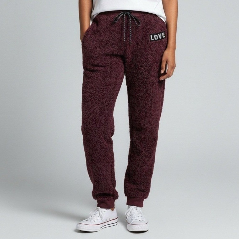 Love Fire Sherpa Fleece Joggers Women L Burgundy Excellent Cozy Sweatpants